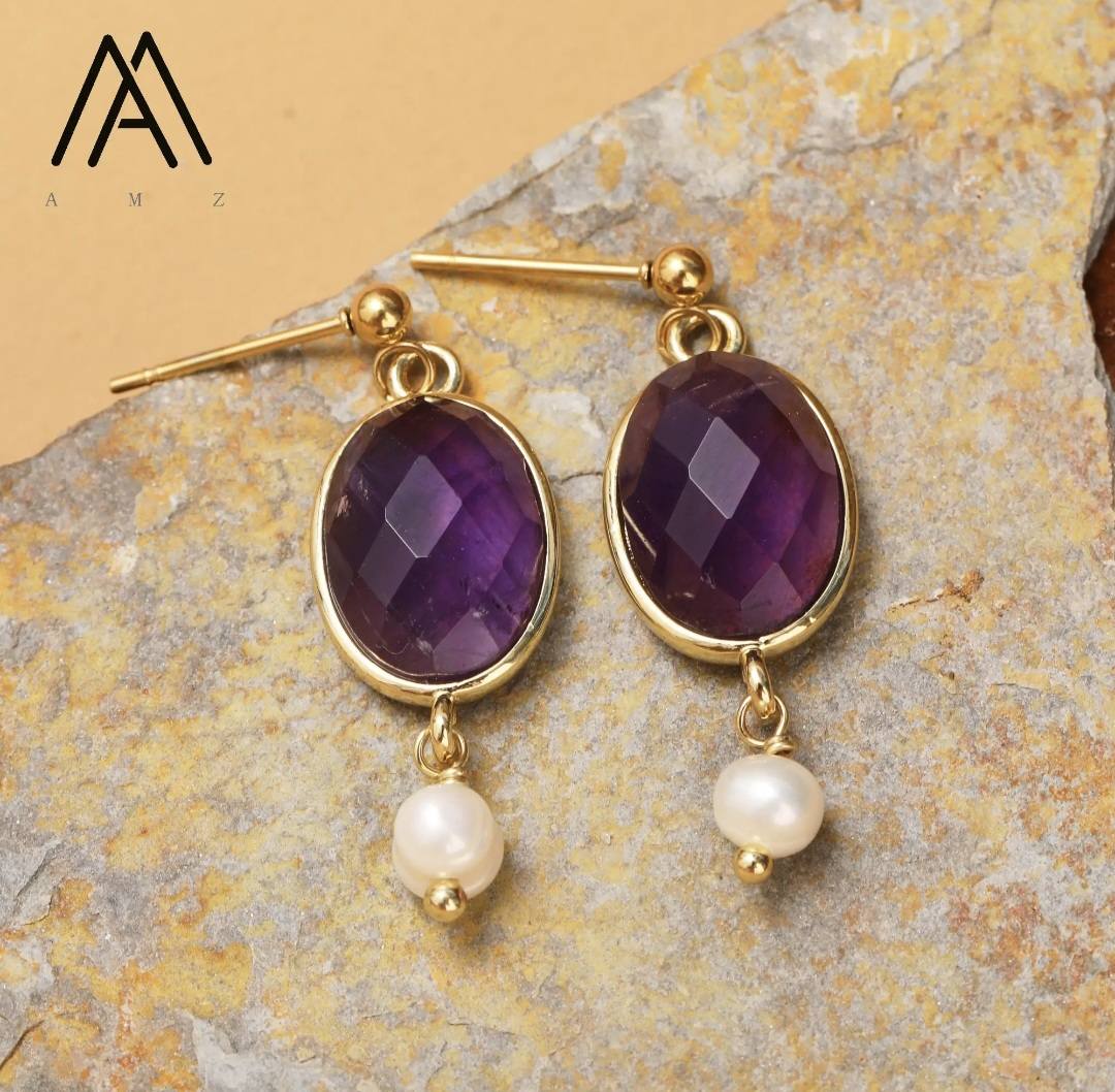 Nye Classic Oval Drop Earring Design, Gold Electroplated, Ametyst & Pearl