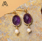 Nye Classic Oval Drop Earring Design, Gold Electroplated, Ametyst & Pearl