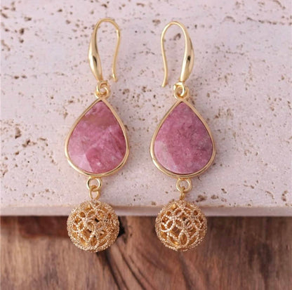 Elegante BOHEMIAN øredobber i Tear Drop Design m/krok, Goldplated - Rhodonite