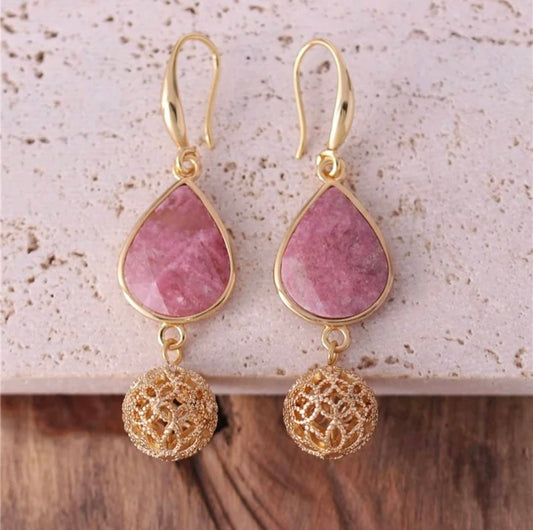 Elegante BOHEMIAN øredobber i Tear Drop Design m/krok, Goldplated - Rhodonite