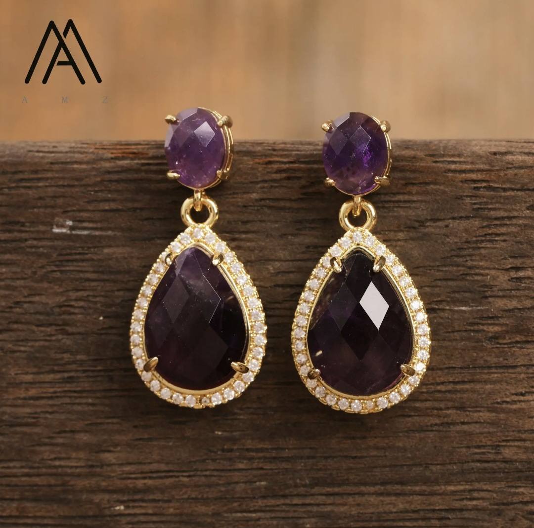 Nye Classic Drop Earring Design, Gold Electroplated, Ametyst