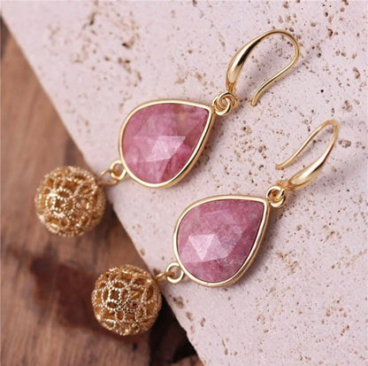 Elegante BOHEMIAN øredobber i Tear Drop Design m/krok, Goldplated - Rhodonite