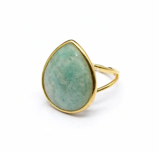 Nye MICCI Design Natural Oval Amazonite Stone Ring, 18K Goldplated, one size - justerbar