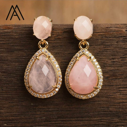 Nye Classic Drop Earring Design, Gold Electroplated, Rose Quartz