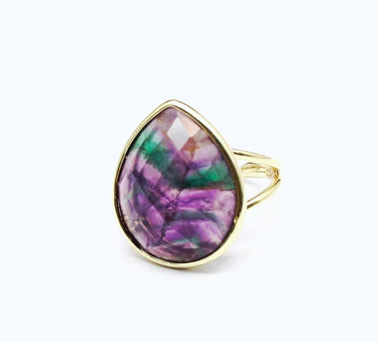 Nye MICCI Design Natural Oval Rainbow Fluorite Stone Ring, 18K Goldplated, one size - justerbar