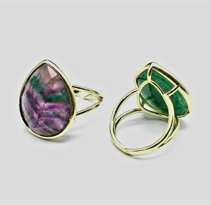 Nye MICCI Design Natural Oval Grønn Fluorite Stone Ring, 18K Goldplated, one size - justerbar