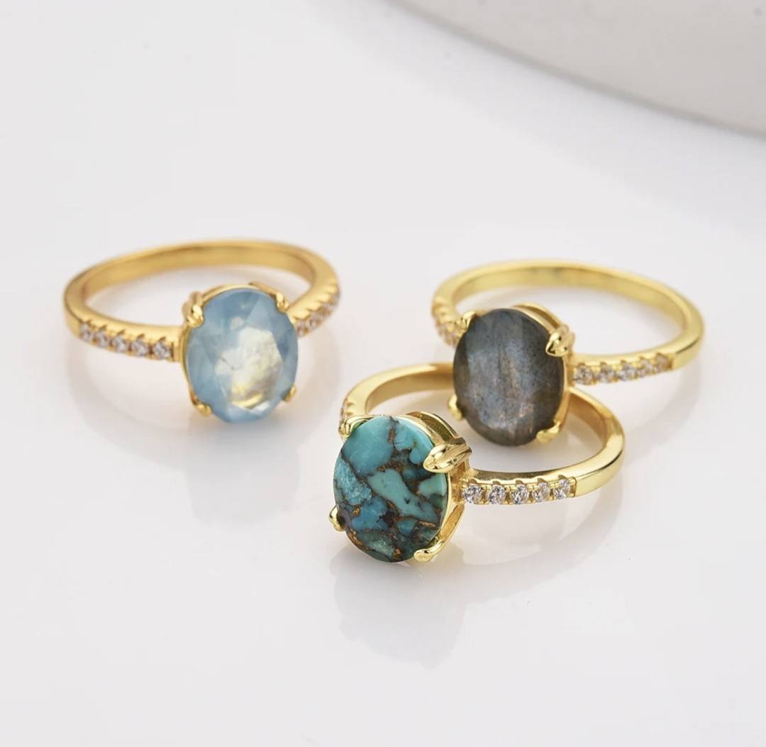 Ny & Trendy 18K Goldplated ( 925s Silver ) Art Deco Vintage Ring - med oval 8x10mm Copper Turquise Quartz sten og Zirkoner