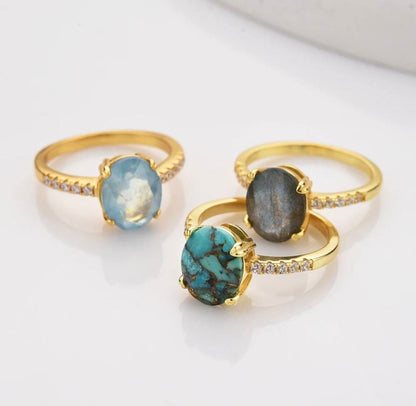 Ny & Trendy 18K Goldplated ( 925s Silver ) Art Deco Vintage Ring - med oval 8x10mm Copper Turquise Quartz sten og Zirkoner