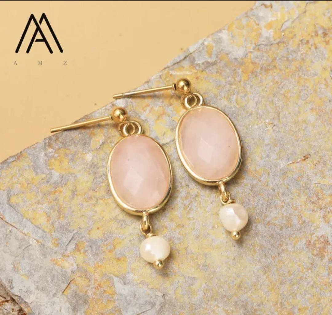 Nye Classic Oval Drop Earring Design, Gold Electroplated, Rose Quartz & Pearl