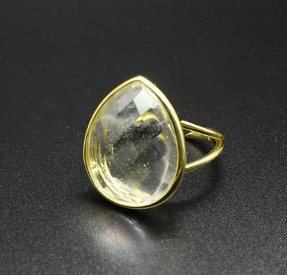 Nye MICCI Design Natural Oval Clear Quartz Stone Ring, 18K Goldplated, one size - justerbar