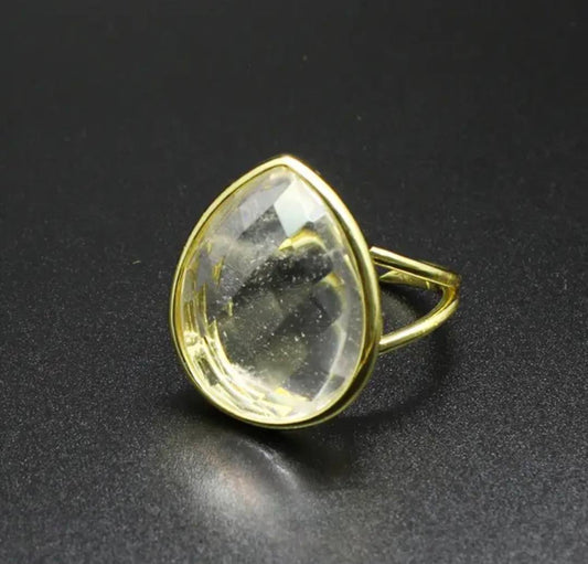 Nye MICCI Design Natural Oval Clear Quartz Stone Ring, 18K Goldplated, one size - justerbar