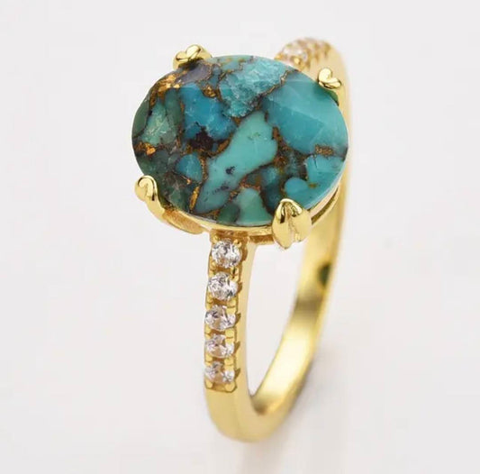 Ny & Trendy 18K Goldplated ( 925s Silver ) Art Deco Vintage Ring - med oval 8x10mm Copper Turquise Quartz sten og Zirkoner