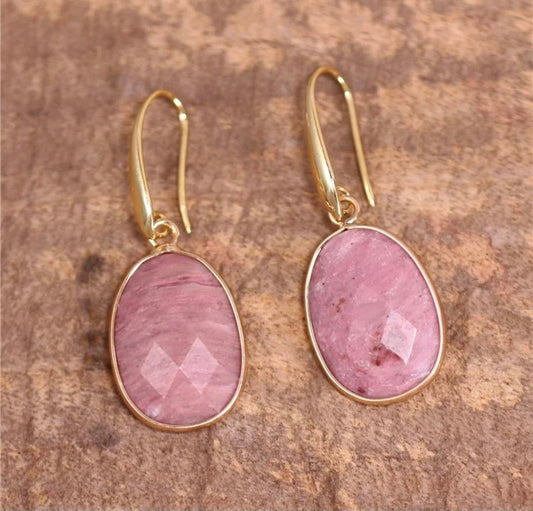 New ClassicOval Drop Earrings, Gold Electroplated - Rhodonite