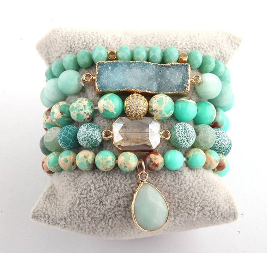 Nye, BoHo Mediterraen 5 rader, fleksible armbånd med druzy Agat sten og decor