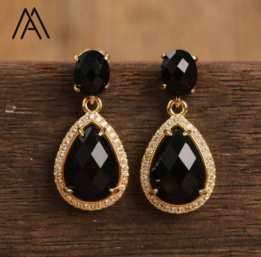 Nye Classic Drop Earring Design, Gold Electroplated, Black AGATE