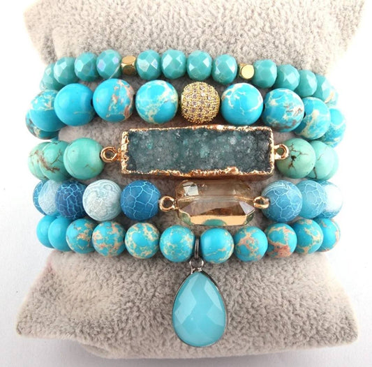 Nye, BoHo Mediterraen 5 rader, fleksible armbånd med druzy Agat sten og decor