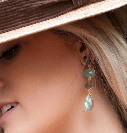 CILA " Bela Liz " Long Design Earrings w/ Green Hydro, Aqua Chalsedony, Black Rultilated Quartz, Labradorite, 18K Goldplated