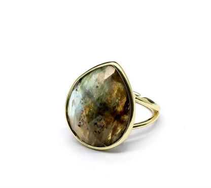 Nye MICCI Design Natural Oval Labradorite Stone Ring, 18K Goldplated, one size - justerbar