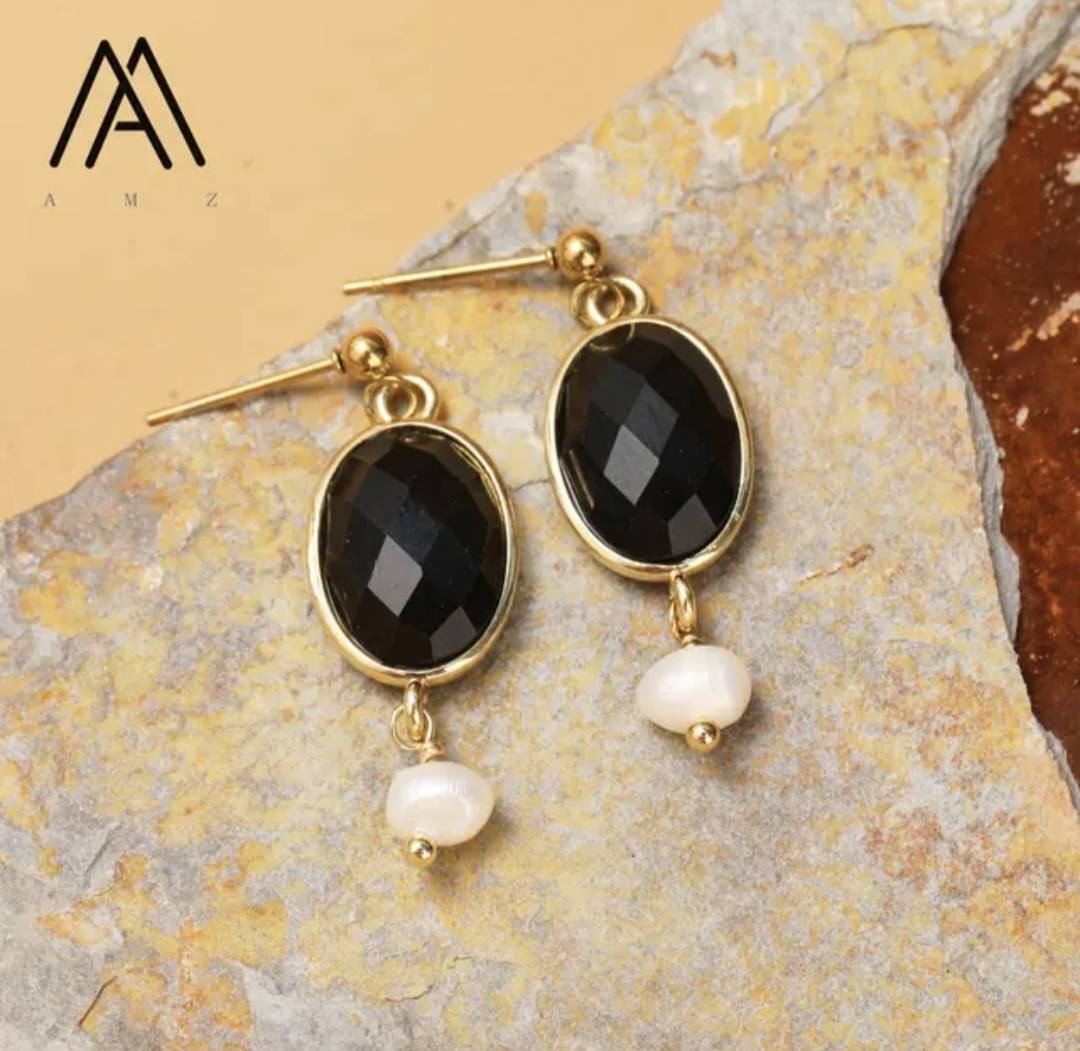 Nye Classic Oval Drop Earring Design, Gold Electroplated, Black Agate & Pearl
