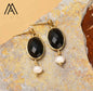 Nye Classic Oval Drop Earring Design, Gold Electroplated, Black Agate & Pearl