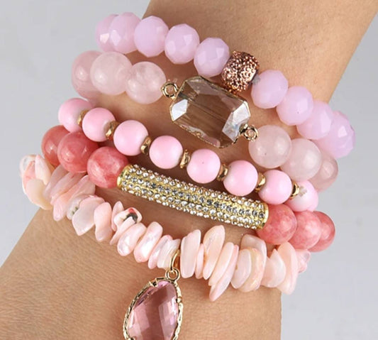 Nye, BoHo Mediterraen 5 rader, fleksible armbånd med druzy Agat sten og decor, Rose Design