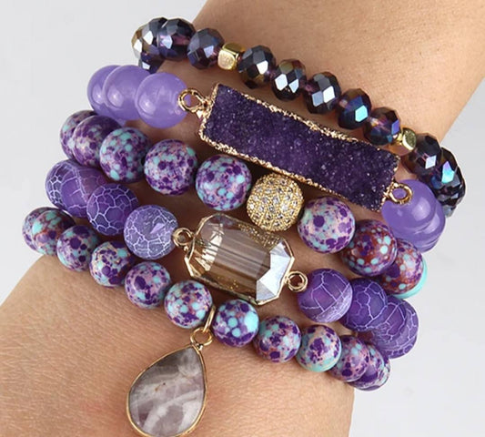 Nye, BoHo Mediterraen 5 rader, fleksible armbånd med druzy Agat sten og decor, Purple Design