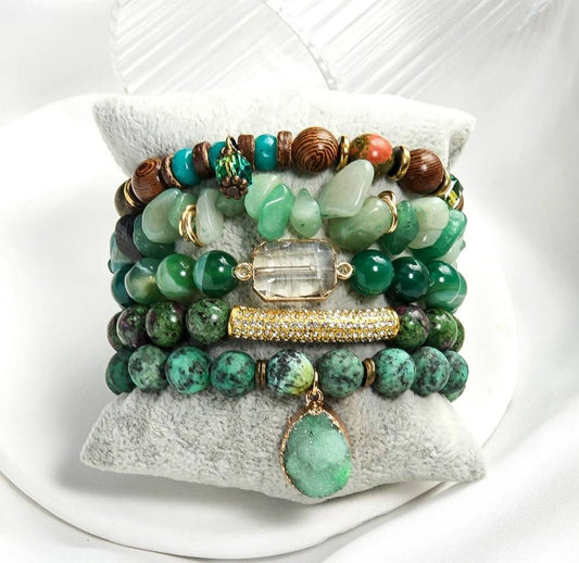 Nye, BoHo Mediterraen 5 rader, fleksible armbånd med druzy Agat sten og decor, Green Design