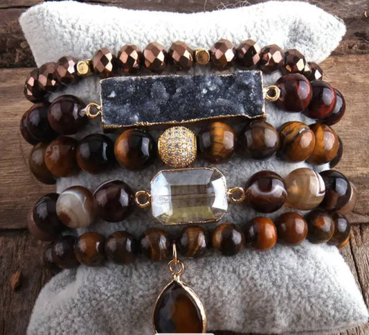 Nye, BoHo Mediterraen 5 rader, fleksible armbånd med druzy Agat sten og decor, Brown Design