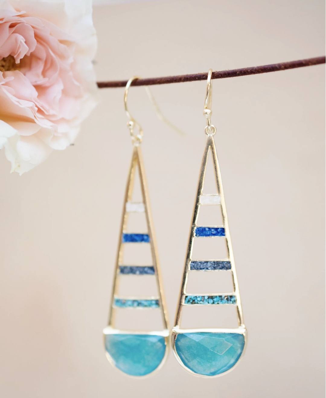 CILA " Giuliana " Long 70mm Design Earrings w/ Moonstone, Jade, Iolite Hydro, Copper Turquoise, 18K Goldplated