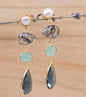 CILA " Bela Liz " Long Design Earrings w/ Topaz, Pearl , Black Tourmaline, Aqua Chalsedony, Iolite Hydro , 18K Goldplated