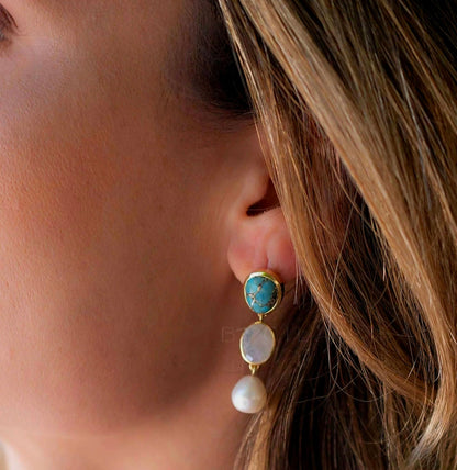 CILA " Nadja " Long Design Copper Turquiose, Moonstone, Pearl Stud Earrings , 18K Goldplated