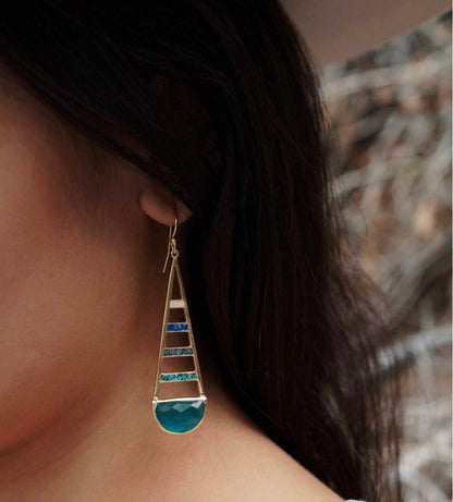 CILA " Giuliana " Long 70mm Design Earrings w/ Moonstone, Jade, Iolite Hydro, Copper Turquoise, 18K Goldplated