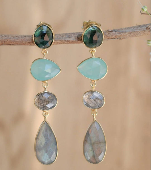 CILA " Bela Liz " Long Design Earrings w/ Green Hydro, Aqua Chalsedony, Black Rultilated Quartz, Labradorite, 18K Goldplated