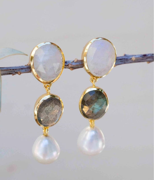 CILA " Nadja " Long Design Moonstone Quartz, Labradorite, Pearl Stud Earrings , 18K Goldplated