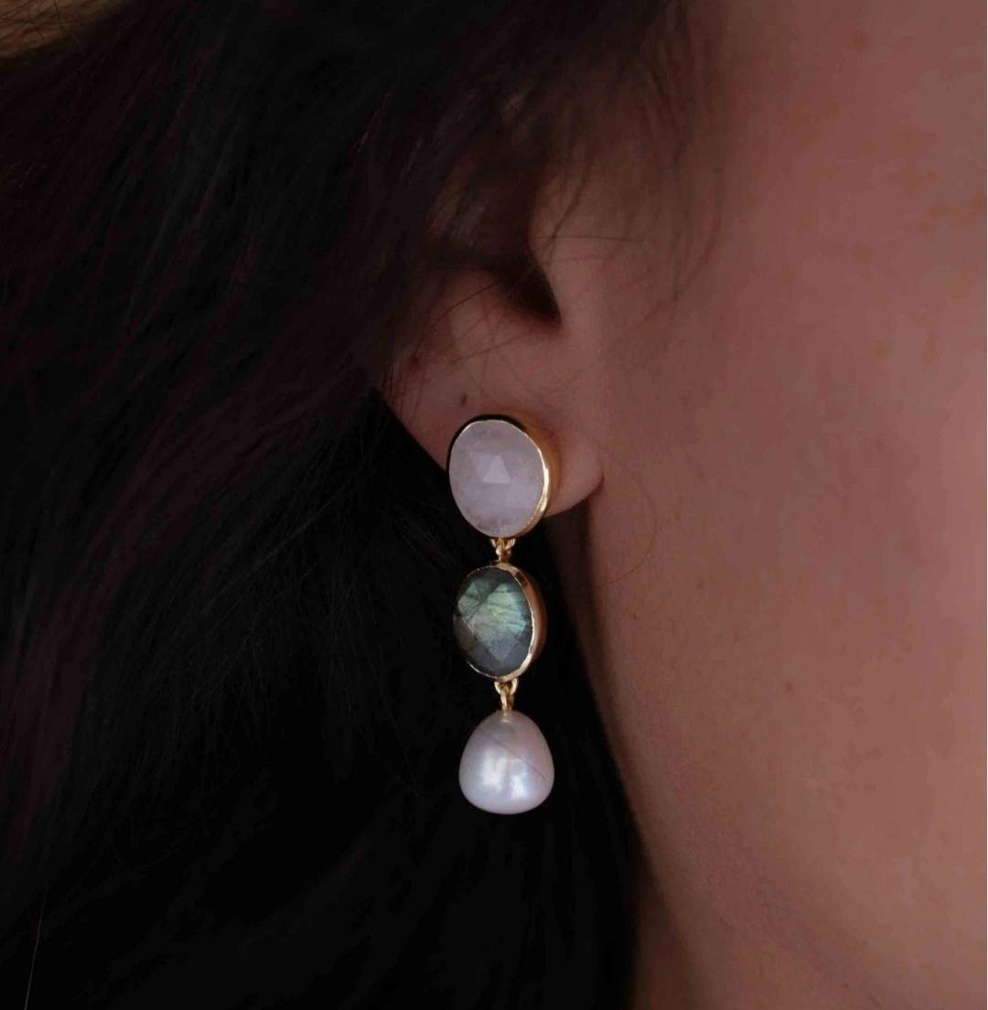 CILA " Nadja " Long Design Moonstone Quartz, Labradorite, Pearl Stud Earrings , 18K Goldplated