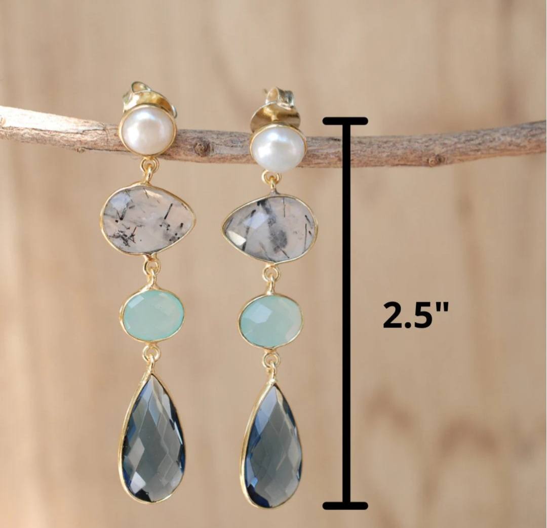 CILA " Bela Liz " Long Design Earrings w/ Topaz, Pearl , Black Tourmaline, Aqua Chalsedony, Iolite Hydro , 18K Goldplated