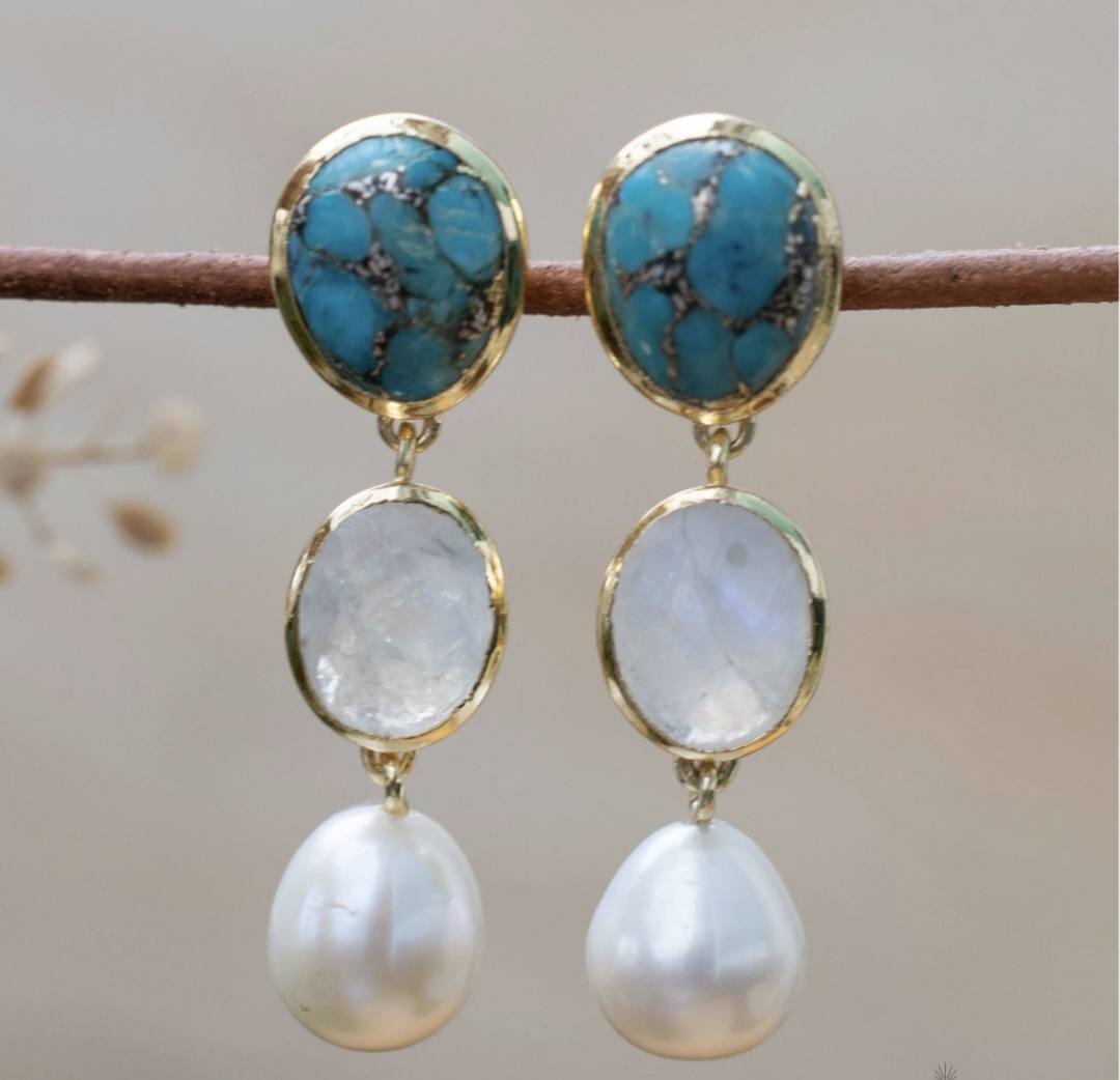 CILA " Nadja " Long Design Copper Turquiose, Moonstone, Pearl Stud Earrings , 18K Goldplated