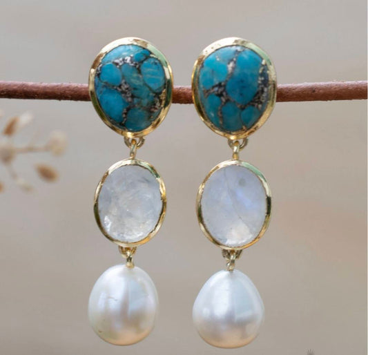 CILA " Nadja " Long Design Copper Turquiose, Moonstone, Pearl Stud Earrings , 18K Goldplated