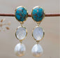CILA " Nadja " Long Design Copper Turquiose, Moonstone, Pearl Stud Earrings , 18K Goldplated
