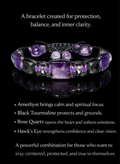 New 2026 Design / Trendy og Exclusivt Shambhala Armbånd, Ametyst, Black Tourmaline, Madagascar Rose Quartz, Hawk's Eye