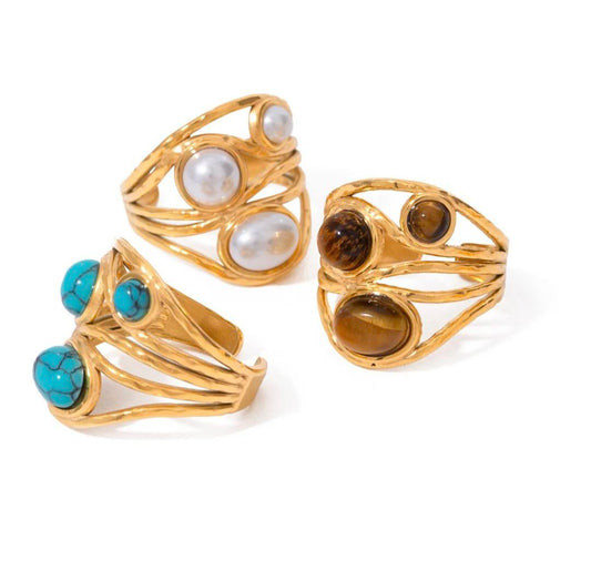 Ny Vintage Designring i Perlestener, 18k Gold Electroplated, Justerbar