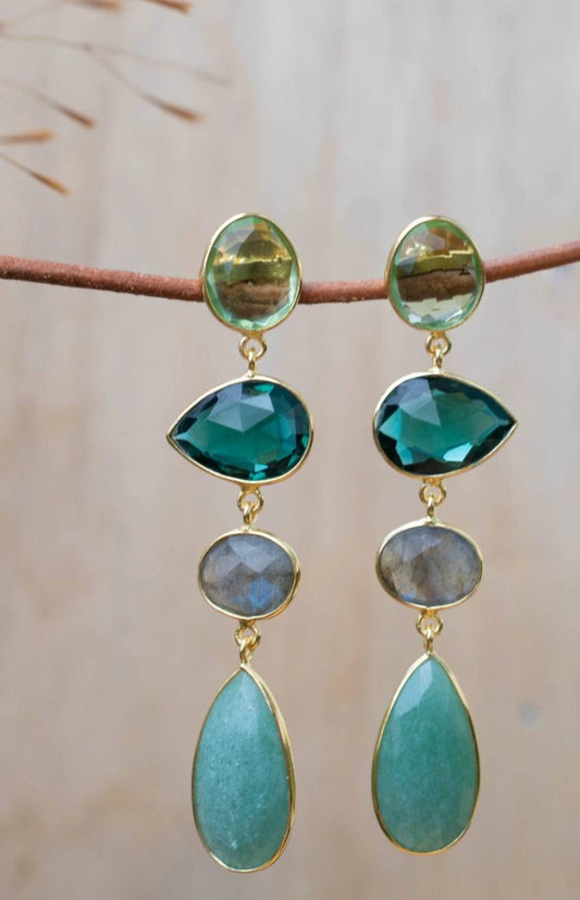 CILA " Bela Liz " Long Design Earrings w/ Green Ametyst Hydro, Green Tourmaline Hydro, Black Rultilated Quartz, Labradorite & Amazonite, 18K Goldplated