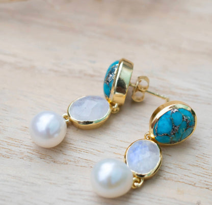 CILA " Nadja " Long Design Copper Turquiose, Moonstone, Pearl Stud Earrings , 18K Goldplated