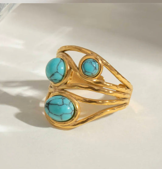 Ny Vintage Designring i Turkis Stener, 18k Gold Electroplated, Justerbar