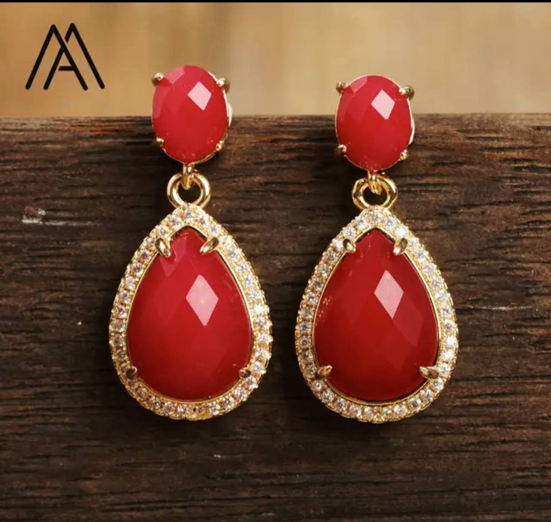 Nye Classic Drop Earring Design, Gold Electroplated, Red JADE
