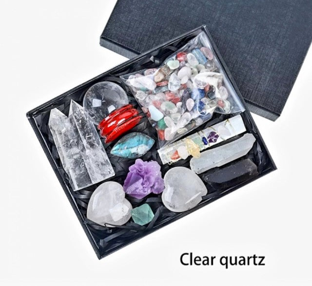Nytt Clear Quartz Krystallsett ( 2 stk. TÅrn, 2 Hjerter, 1 Kule, Ametyst Cluster, Selenitt stav og Clear Quartz rÅkrysta
