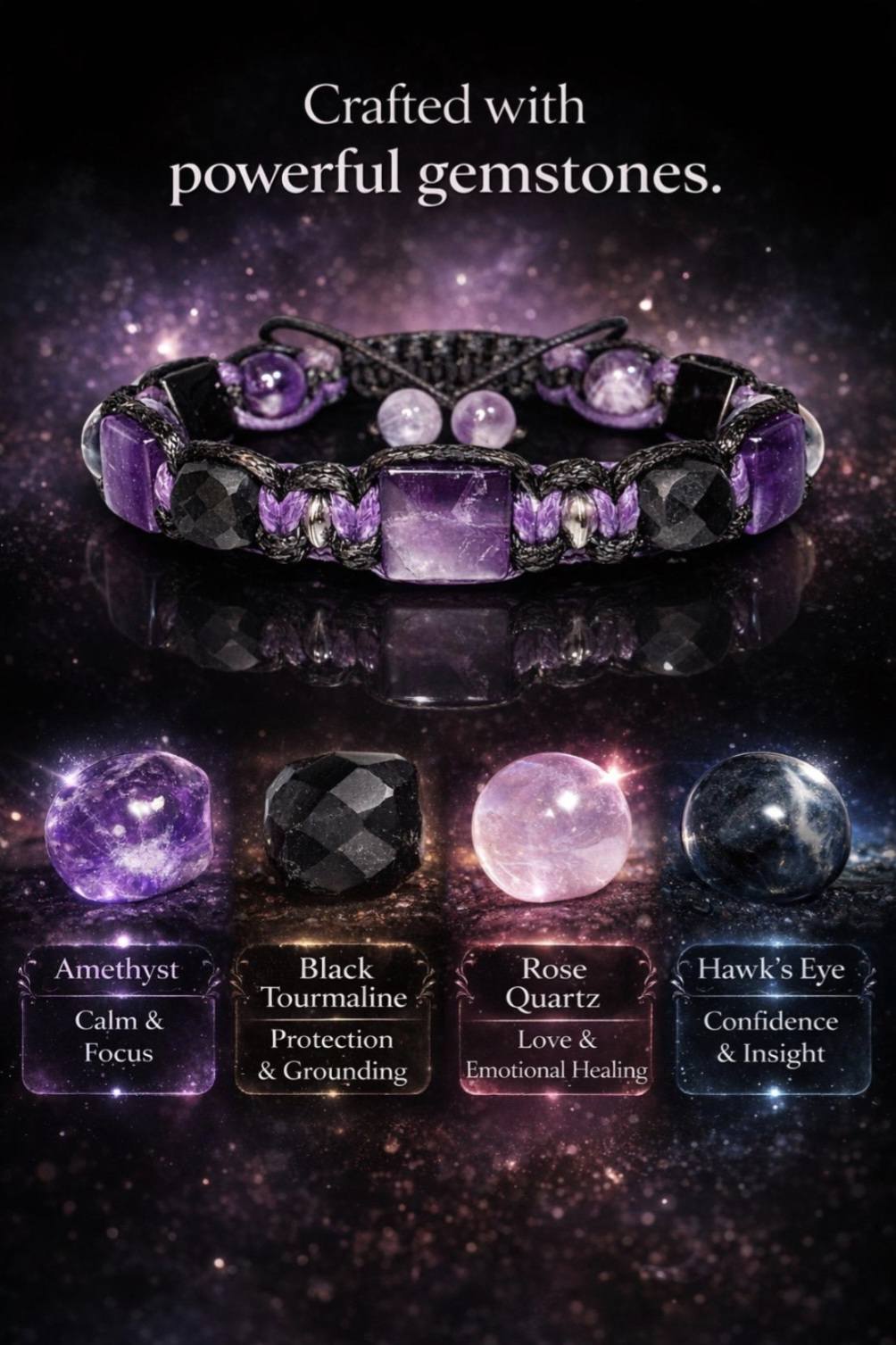New 2026 Design / Trendy og Exclusivt Shambhala Armbånd, Ametyst, Black Tourmaline, Madagascar Rose Quartz, Hawk's Eye