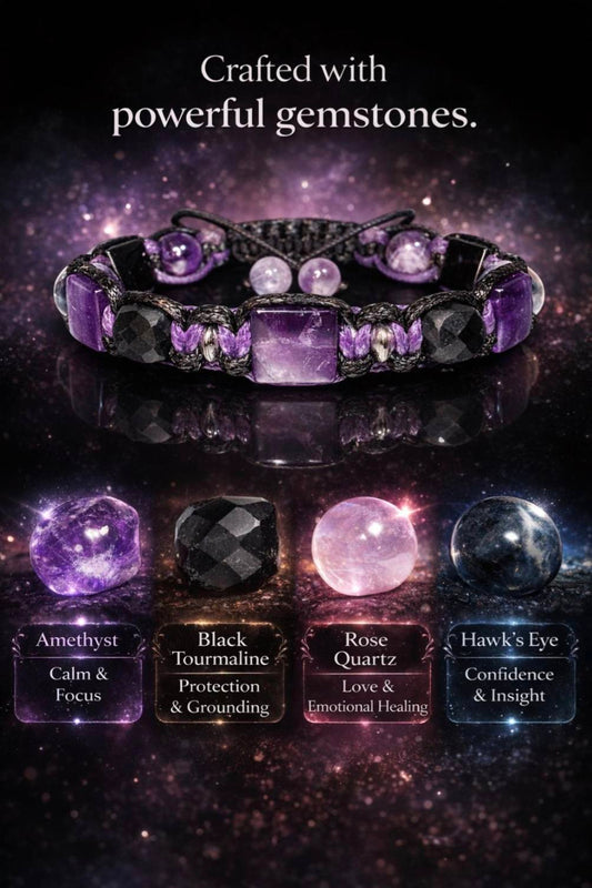 New 2026 Design / Trendy og Exclusivt Shambhala Armbånd, Ametyst, Black Tourmaline, Madagascar Rose Quartz, Hawk's Eye