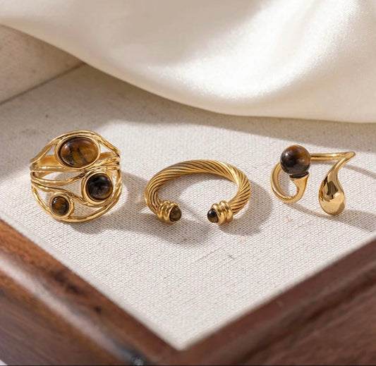 Nye Vintage Set Designringer i Tigerøye, 18k Gold Electroplated Ring