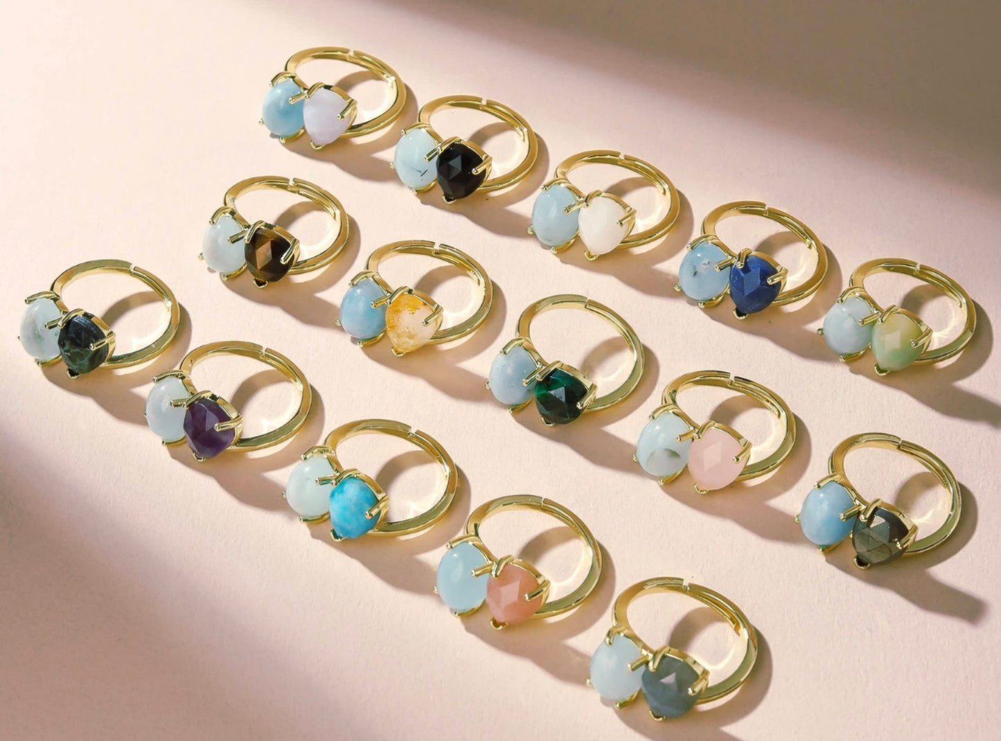 Nye MICCI Design Natural Two Stone Rings, 18K Goldplated, one size - justerbar, Aquamarine & Ametyst